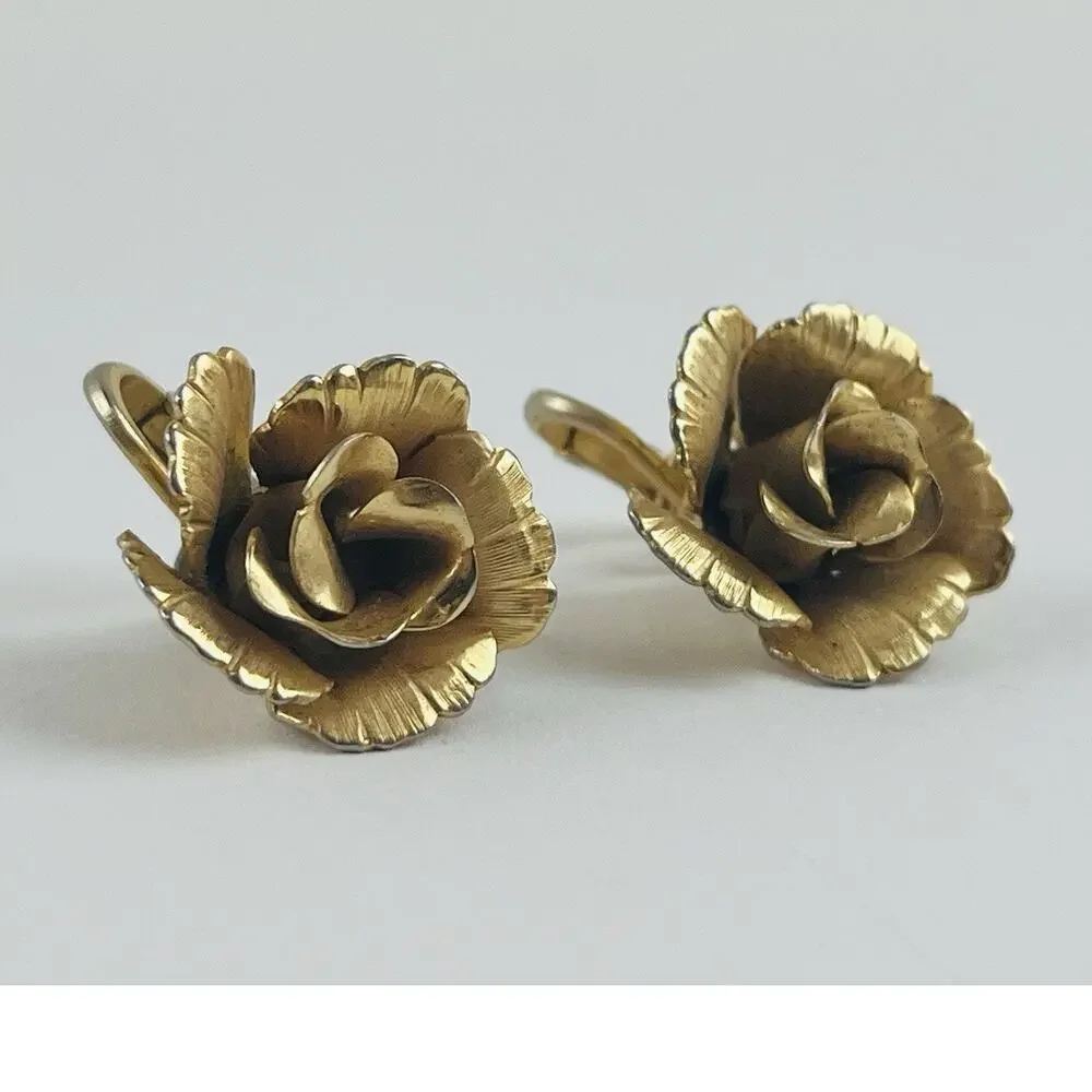 Lisner Open Rose Flower Clip On Earrings Gold Tone Jewelry Vintage Granny 3D Chu - Picture 3 of 13